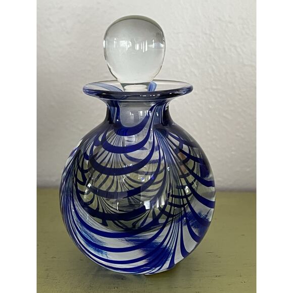 MMA art glass Blue swirl perfume bottle Paperweight 4.5”x 3” Marigold Glass - Picture 4 of 9